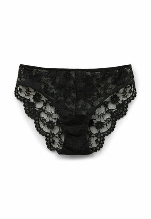 Ropa interior de encaje negro con patrones florales, bordes festoneados y una textura transparente. Diseñada para un ajuste de talle bajo con una cinturilla suave.