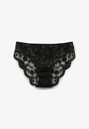 Ropa interior de encaje negro con patrones florales, bordes festoneados y una textura transparente. Diseñada para un ajuste de talle bajo con una cinturilla suave.