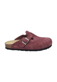 Bordeaux suede instapantoffel met een verstelbare gesp, kurken tussenzool, rubberen buitenzool en zijventilatie voor ademend vermogen.