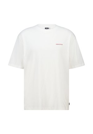 Weißes T-Shirt mit kurzen Ärmeln und einem kleinen roten "POPPING BOTTLES"-Text auf der linken Brust, runder Ausschnitt und geradem Saum.