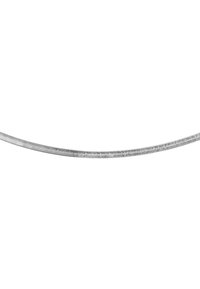 Silberne Metallkette mit einem runden, flexiblen Design. Besitzt ineinandergreifende Glieder mit einer glatten Textur und einem glänzenden Finish.