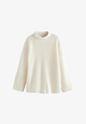 Cream-colored knitted sweater with a textured rib design, loose fit, wide sleeves, and a round neckline. Lightweight and soft material.