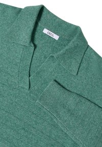 Grüner Pullover mit V-Ausschnitt und gerippten Bündchen. Aus weichem Stoff mit strukturiertem Finish. Das Etikett trägt die Aufschrift "CECIL."