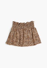 Mini hame leopard-kuosisessa, ruskeassa ja beigen värissä, jossa on kootut vyötärö ja röyhelömäinen yläreuna. Kevyt kangas, jossa on kerrostettu flare-muotoilu.