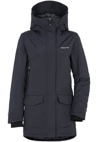 Manteau d'hiver imperméable bleu marine foncé avec capuche, fermeture éclair, poches à rabat et logo Didriksons sur la poitrine.