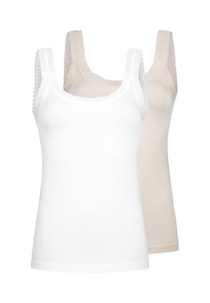 Zwei ärmellose Damen-Trägertops mit Spitzenbesatz an den Trägern, eines weiß vorne und eines beige hinten, vor weißem Hintergrund dargestellt.