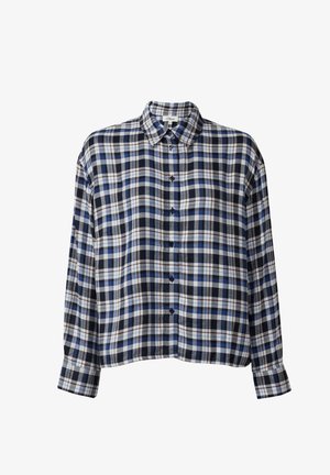 Ruuduline särk sinise, musta ja valgega. Nupuga esiosa, krae, pikad varrukad ja veidi lühendatud disain. Pehme kangatunne.