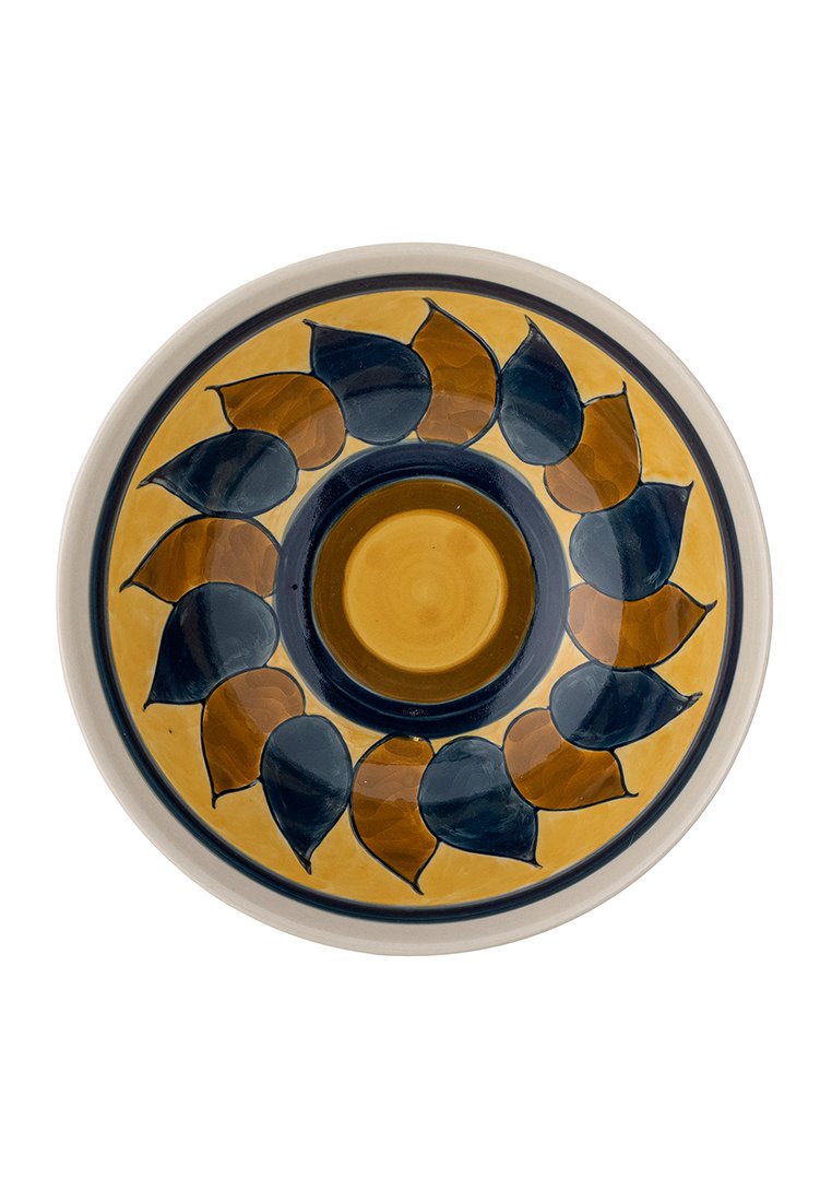 Keramische kom met een ronde vorm, voorzien van een gele basis en blauwe en bruine bladvormen. Soepele textuur en glanzende afwerking.