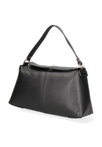 Sac à main en cuir noir texturé avec une bandoulière unique et une fermeture à rabat, présenté sur un fond blanc.
