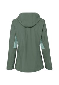 Giacca leggera da donna con cappuccio, in tessuto verde scuro con dettagli color acquamarina sui pannelli laterali; texture liscia, maniche lunghe, orlo abbassato.