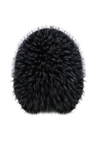 Sort faux fur pom-pom med en rund form og lange, bløde fibre. Teksturen virker fluffy og tæt, hvilket skaber et voluminøst udseende.