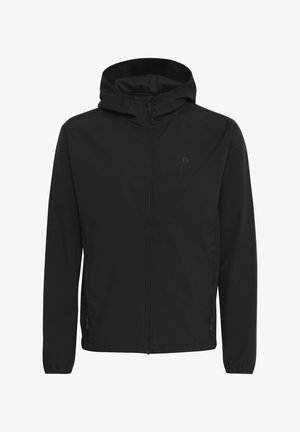 Juodas lengvas džemperis su kapišonu, priekyje užtrauktuku ir šoninėmis kišenėmis. Ypatingas sklandus paviršius ir minimalistinis dizainas be matomų logotipų.