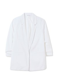 Blazer bianco con colletto a reverse, maniche a tre quarti e due tasche anteriori. Texture liscia e forma sartoriale per un aspetto strutturato.