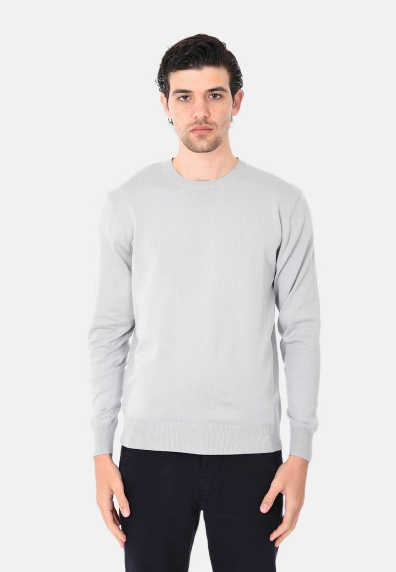 Maglione a maglia grigio chiaro con maniche lunghe e scollatura rotonda. Presenta polsini e orlo a coste, su uno sfondo semplice.