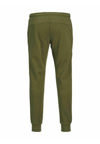 Green sweatpants featuring a tapered fit, elastic waistband, and cuffs. Made of soft material with side pockets and a smooth texture.