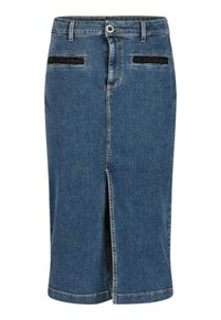 Gonna a matita in denim blu scuro con spacco frontale, chiusura a bottoni e dettagli in paillettes nere sulle tasche posteriori. Taglio classico con dettagli di cucitura.