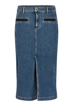 Gonna a matita in denim blu scuro con spacco frontale, chiusura a bottoni e dettagli in paillettes nere sulle tasche posteriori. Taglio classico con dettagli di cucitura.