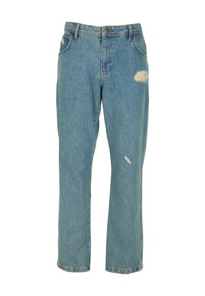 Jean bleu droit avec des déchirures usées sur le haut de la cuisse et le bas de la jambe, avec poches avant et passants de ceinture.