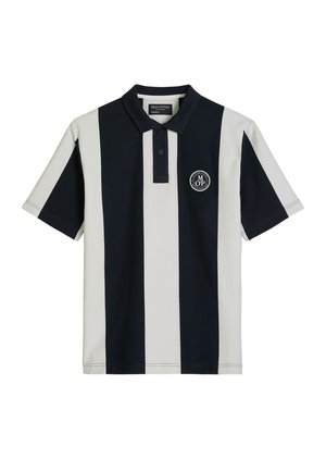 Short-sleeve polo shirt with black and white vertical stripes and a circular logo on the left chest.
