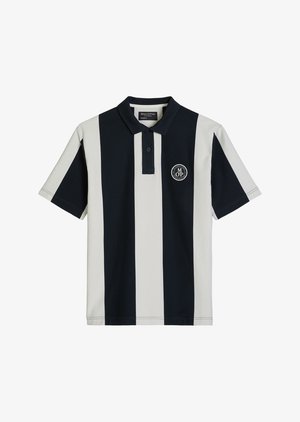 Short-sleeve polo shirt with black and white vertical stripes and a circular logo on the left chest.