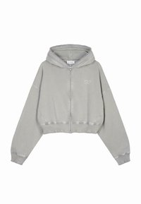 Grijze hoodie met een rits aan de voorkant, oversized ontwerp, geribde onderrand en manchetten, met een klein logodetail op de borst.