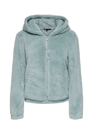 Kevyt tiiliseeturkoosi tekoturkistakki, jossa on vetoketju, vuorattu huppu, resorit hihansuissa ja helmassa, pehmeä ja miellyttävä pinta.