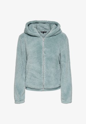 Kevyt tiiliseeturkoosi tekoturkistakki, jossa on vetoketju, vuorattu huppu, resorit hihansuissa ja helmassa, pehmeä ja miellyttävä pinta.