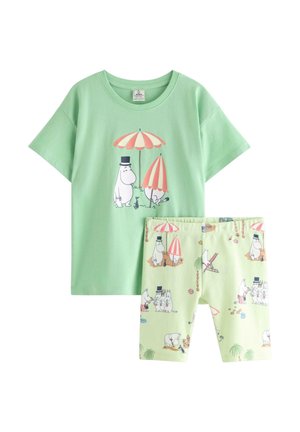Smilende ung dreng iført mintgrøn Mumi-printet skjorte og shorts, hvide sneakers, tanfarvede sokker og bærende en blå rygsæk over den ene skulder.