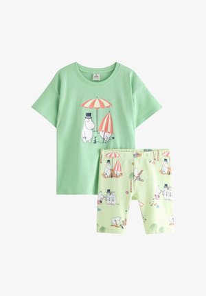 Smilende ung dreng iført mintgrøn Mumi-printet skjorte og shorts, hvide sneakers, tanfarvede sokker og bærende en blå rygsæk over den ene skulder.