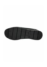 Semelle de chaussure en caoutchouc noir avec un relief texturé, comportant des rainures et des crêtes pour l'adhérence, marquée du logo et des informations sur la taille.