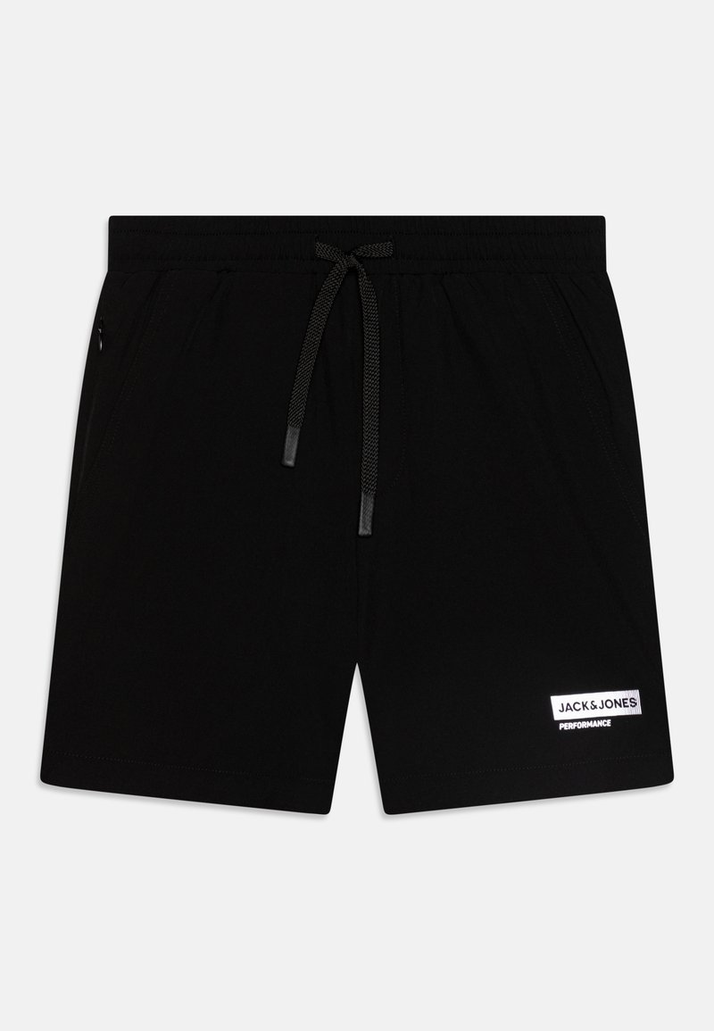 Svarte treningsshorts med elastisk midje og snøring. Har sidelommer og en hvit logo-patch. Glatt stoffstruktur.