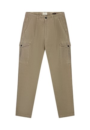 Khakifarbene Cargo-Hosen mit geradem Schnitt, ausgestattet mit zwei Seitentaschen und zwei Gesäßtaschen, aus strukturiertem Baumwollstoff gefertigt und mit einem Knopf gesichert.