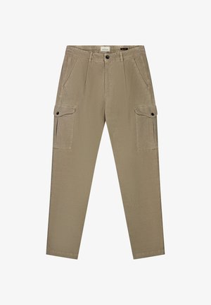 Pantaloni cargo khaki con una vestibilità dritta, dotati di due tasche laterali e due tasche a livello dell'anca, realizzati in tessuto di cotone testurizzato e chiusi con un bottone.