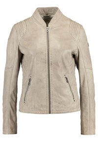 Beige kožená bunda s stojáčkovým límcem, zipovým zapínáním a dvěma bočními kapsami na zip. Obsahuje prošívané akcenty na ramenech a hladkou texturu.