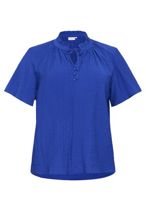 Blue short-sleeve blouse made of textured fabric. Features a high gathered neckline with a tie and three decorative buttons on the front.