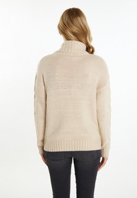 Beige gebreide trui met een hoge kraag, geribbelde zoom en kabelgebreide details op de mouwen. Graag gedragen met donkergrijze jeans, gezien vanuit de rug.