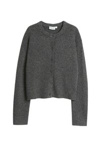 Dunkelgrauer, langärmeliger Button-Up-Cardigan mit rundem Ausschnitt und geripptem Kragen, auf einem weißen Hintergrund dargestellt.