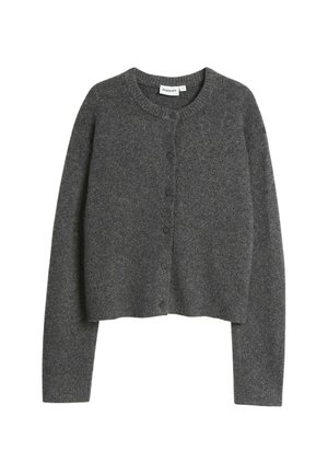 Mørkegrå, langærmet button-up cardigan med rund hals og ribbet krave, præsenteret på en hvid baggrund.