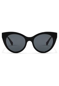 Black cat-eye sunglasses with dark lenses, plastic frame, pointed outer edges, and smooth texture accentuating a bold design.