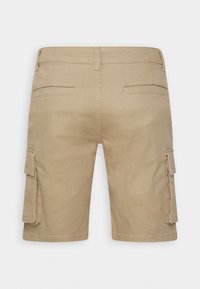 Shorts cargo beiges avec une taille standard, deux poches arrière et des poches latérales. Fabriqués en tissu léger avec une texture lisse.