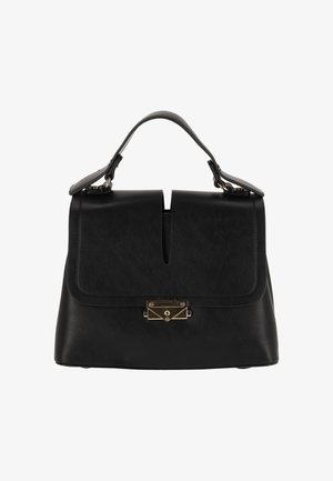 Czarna skórzana torebka o usztywnionej formie, z przegładem na przodzie, wycięciem oraz zapięciem w kolorze złotym.