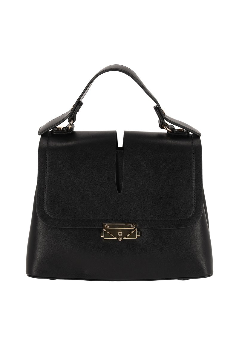 Fekete bőr táska strukturált kialakítással, elülső füllel, kivágott részlettel és aranyszínű fém csattal.