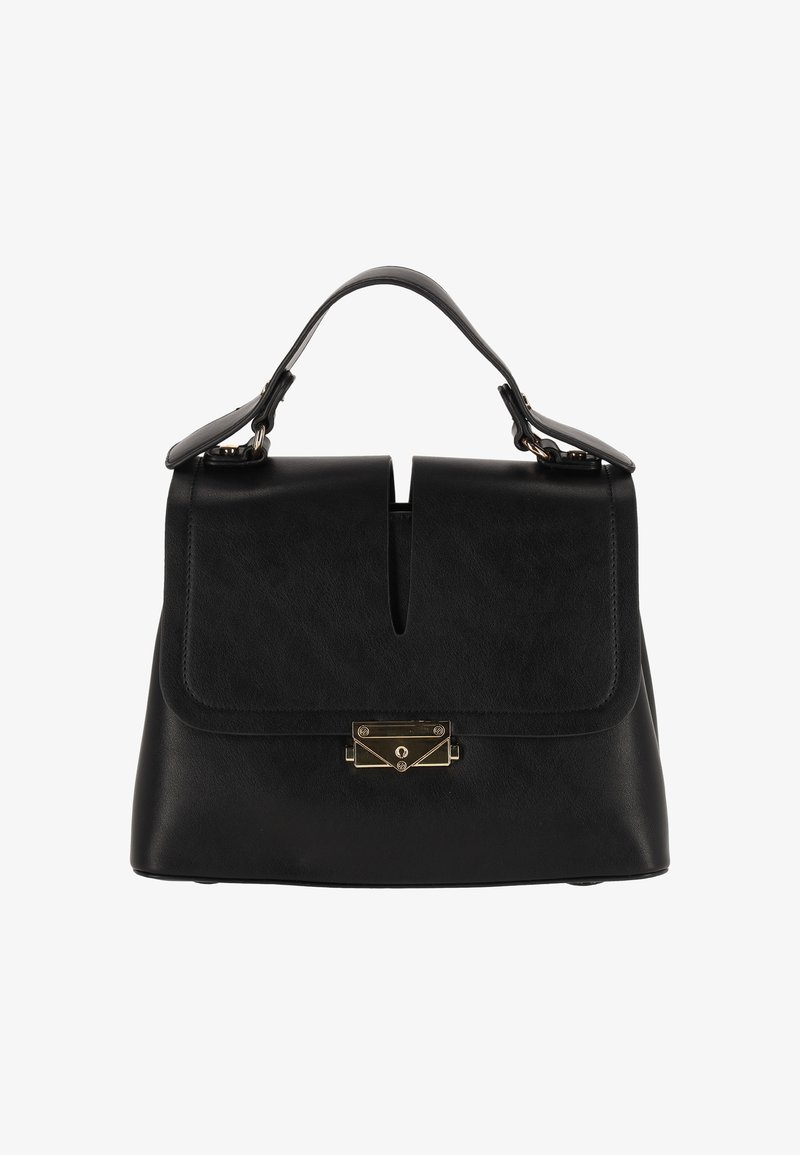 Svart läderhandväska med strukturerad design, som har en framficka, en utskuren detalj och ett spänne i guldfärgad metall.
