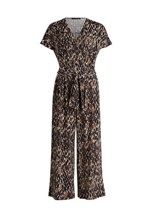 Bedruckter Jumpsuit mit kurzen Ärmeln, V-Ausschnitt, tailliertem Gürtel und weit geschnittenen Hosen in einem navy, braun und cremefarbenen abstrakten Muster.