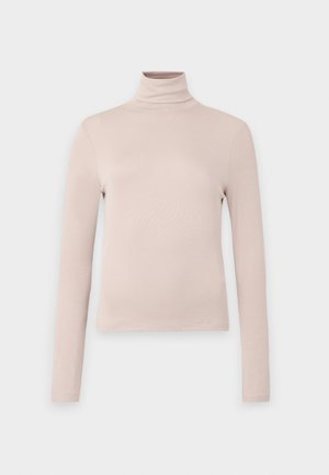 Vaaleanbeige pitkähihaisen poolopaidan yläosa, joka on valmistettu sileästä joustavasta kankaasta. Paita on vartalonmyötäinen ja siinä on korkea kaulus. Ei näkyviä kuvioita tai koristeluja.