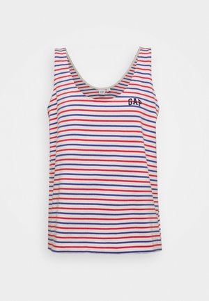 Débardeur blanc sans manches avec des rayures horizontales rouges et bleues, encolure dégagée, et petit logo "GAP" en haut à gauche sur l'avant.