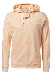 Peach tie-dye hoodie, featuring a large front pocket and drawstring hood. Made from soft fabric with ribbed cuffs and hem. Reebok logo displayed.