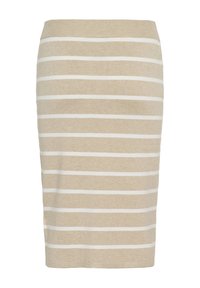 Jupe crayon beige avec des rayures blanches horizontales, longueur genou et taille cintrée, présentée sur fond blanc.