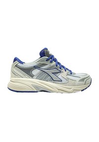 Scarpa sportiva grigia chiara con accenti blu, dotata di tomaia in rete, colletto imbottito e suola testurizzata per una migliore aderenza. Logo laterale visibile.