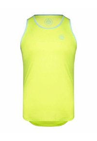 Top in nylon giallo fluorescent con rifiniture e logo azzurro. Presenta una scollatura tonda e una vestibilità ampia, realizzato in materiale leggero e traspirante.